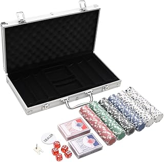 vidaXL Pokerchips Set 300 STK., Pokerkoffer mit Buttons Chips Würfeln, Pokerset Spielkarten Set mit Tragekoffer, Jetons Komplettset, 4 g