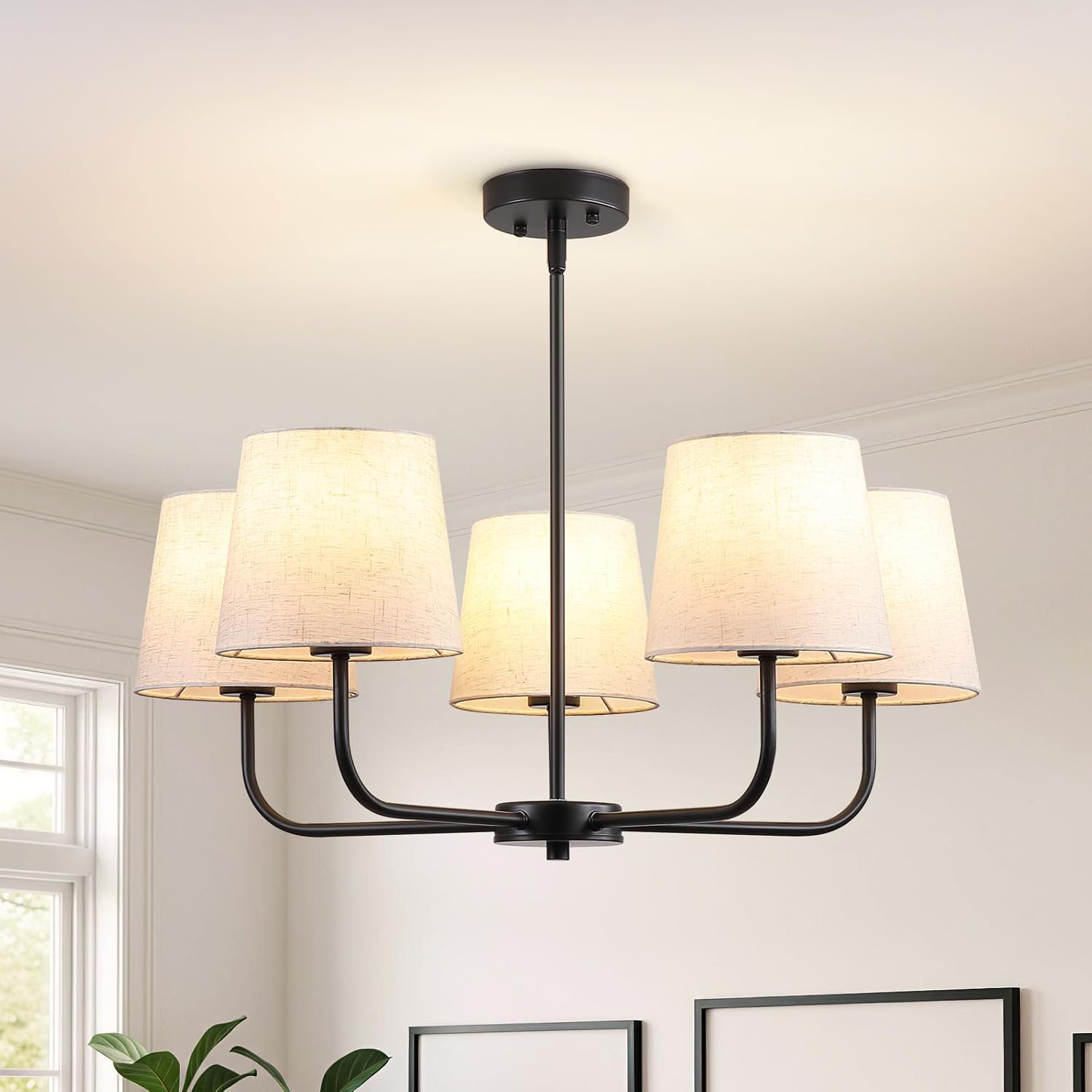 Farmhouse Chandelier, 5-Light Black Linear Pendant Light with Fabric Shade, Height Adjustable Modern Dining Room Island Light Fixture Over Table for Kitchen Bedroom Living Entryway Foyer Hall