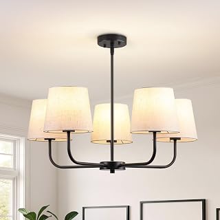 Farmhouse Chandelier, 5-Light Black Linear Pendant Light with Fabric Shade, Height Adjustable Modern Dining Room Island Light Fixture Over Table for Kitchen Bedroom Living Entryway Foyer Hall