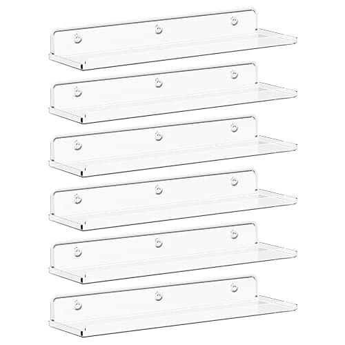 Lifewit Floating Shelves for Wall, 6 Pack 15" Clear Acrylic Shelf Room Decor for Book/Figures/Photo/Makeup in Bathroom, Book Shelf, Living Room, Bedroom, Kitchen Storage and Organization