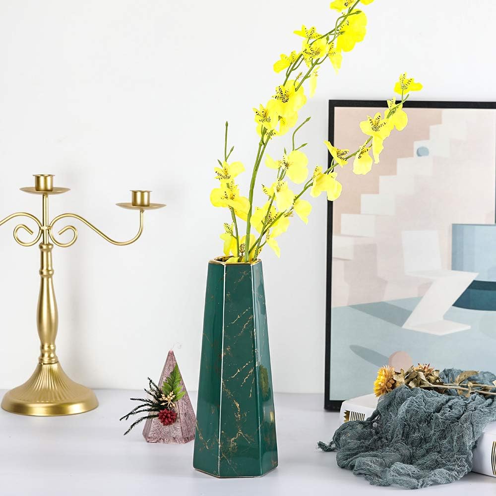 10inch Green Gold Finish Marble Ceramic Flower Vase Home Decor Vase and Table Centerpieces Vase - Ideal Gifts for Friends and Family, Christmas, Wedding, Bridal Shower
