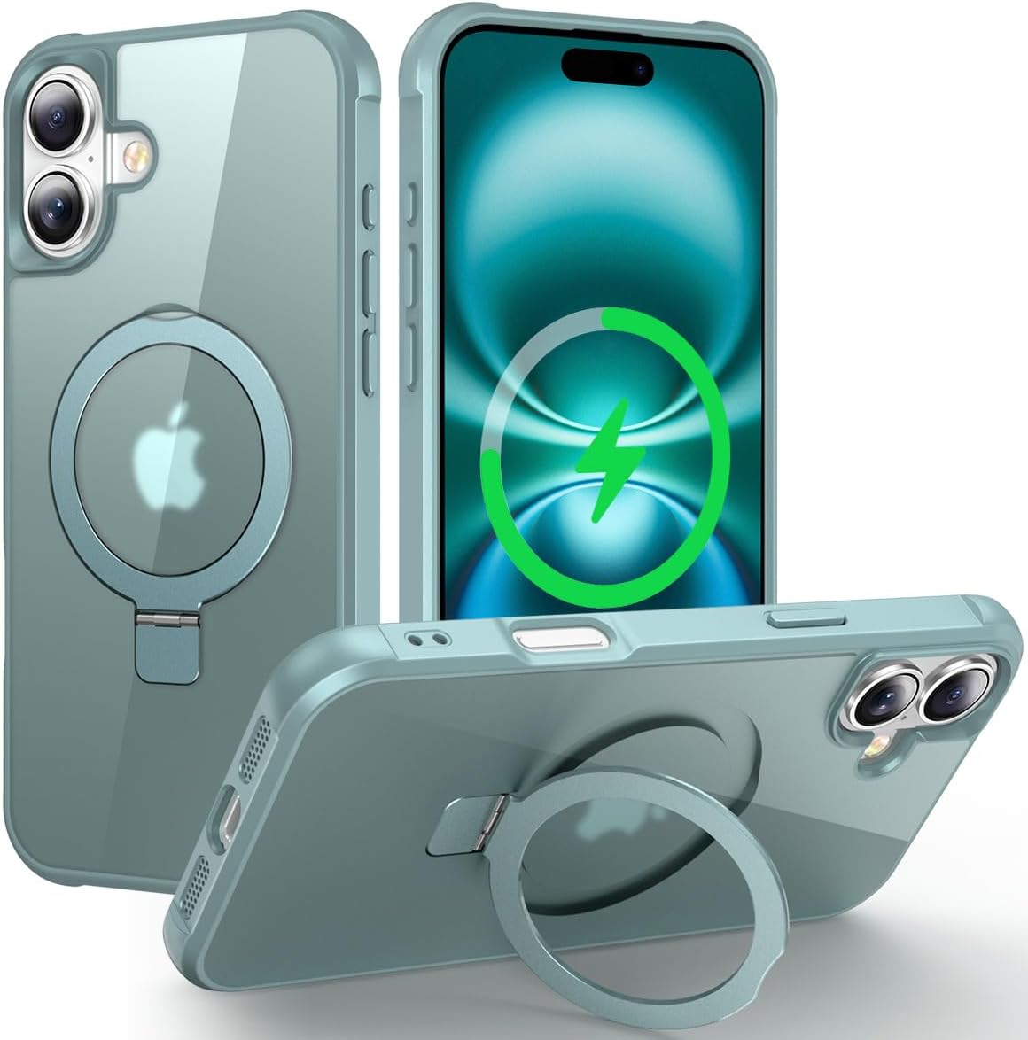CHAOFEnG Magnetic Compatible with iPhone 16 Case with Stand [Military Grade Drop Tested][Compatible with Magnet] Ring Translucent Slim Hard Back Soft Edge, Teal Green