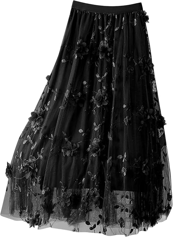 Women's 3D Flower Mesh Skirts High Waist Double Layer Midi Skirt