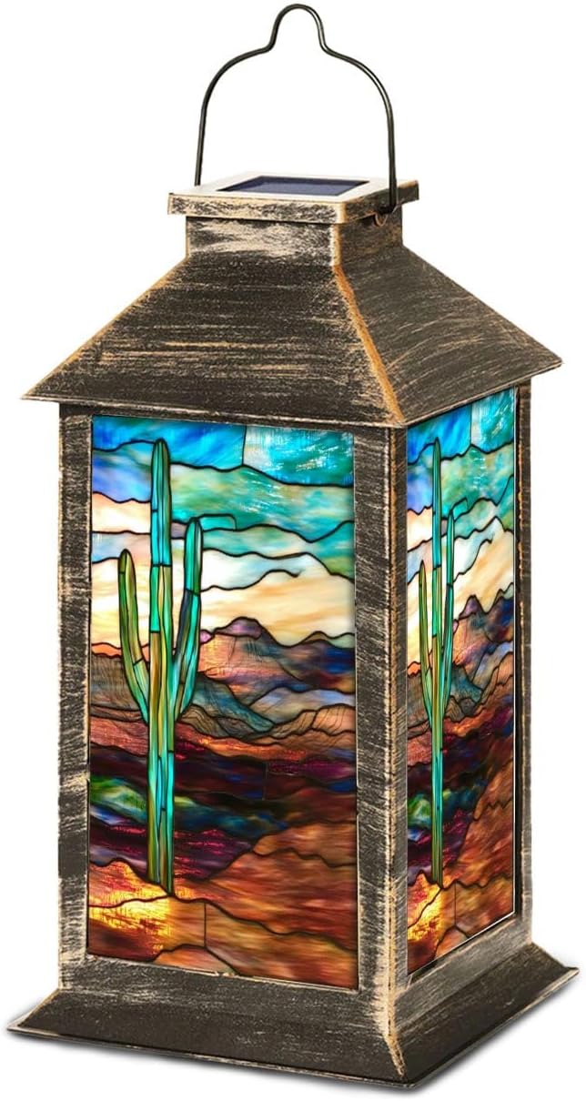 Solar Lantern Multi Stained Glass Western Desert Scene Cactus Outdoor Waterproof Garden Hanging Lantern Solar Powered Lighting Outside Table Lamp for Patio Deck Camping 1 Pack