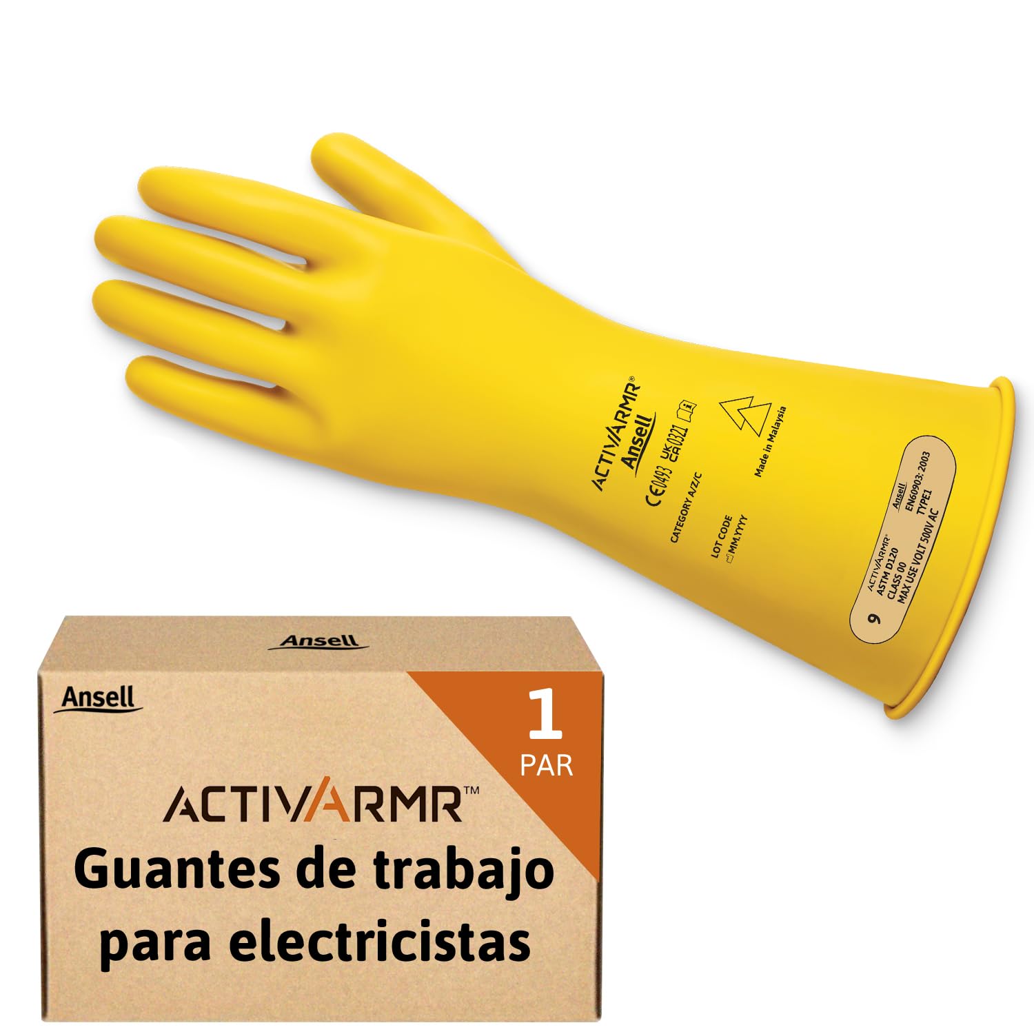 Ansell ActivArmr Guantes Aislantes Dieléctricos, Protección Eléctrica Class 00, Tensión 500V, Trabajos con Electricidad, Látex de Caucho Natural, 36 cm, Amarillo, Talla 2XL, 1 Par