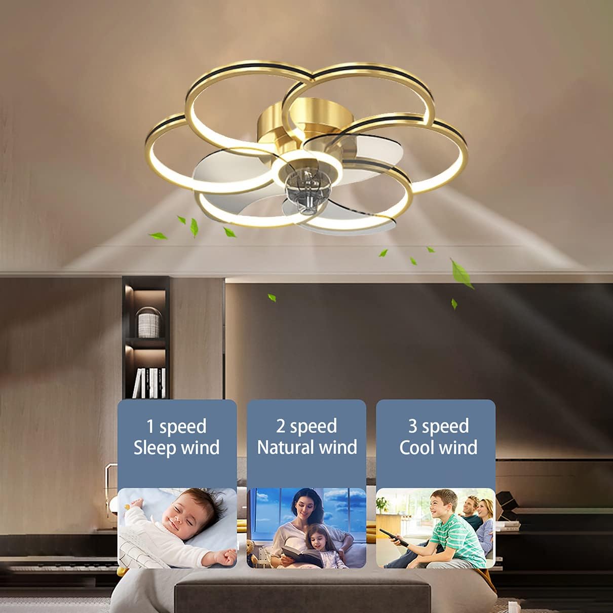 YUEGOO Ceiling Fans with Lamps,Bedroom Led Dimmable 3 Speeds Flower Type Fan Ceiling Light with Remote Control Modern Living Room Silent Ceiling Fan Light/Black