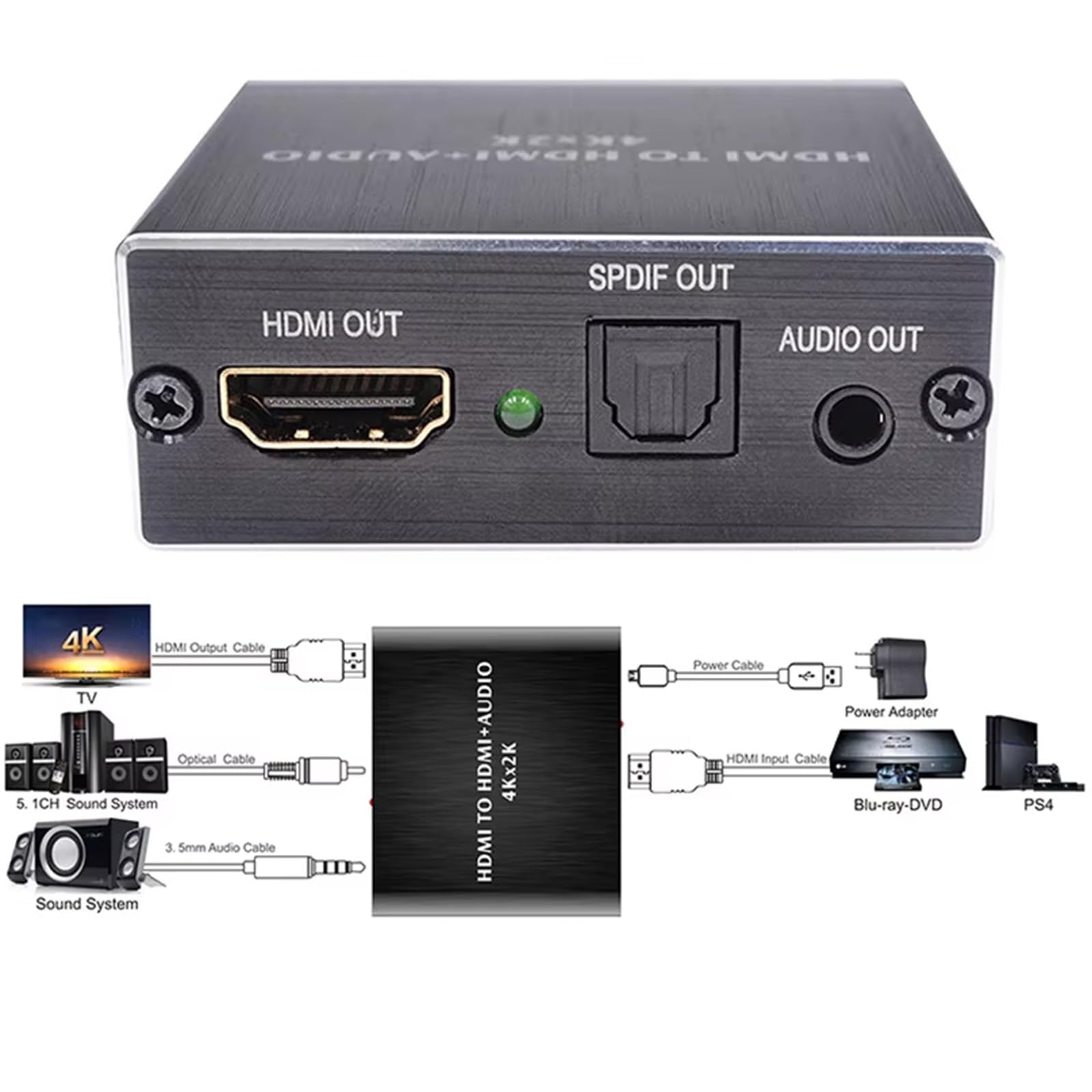 Konwerter HDMI Audio Extractor, konwerter audio, 4Kx2K, Optical Toslink SDPIF, gniazdo audio 3,5 mm, adapter rozdzielacza optycznego Hdmi, do PS5 i innych urządzeń