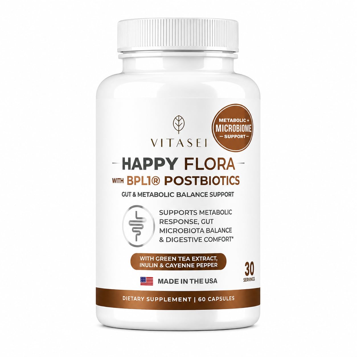 VITASEI Happy Flora BPL1 Postbiotic Supplement – Gut Balance, 60 Capsules