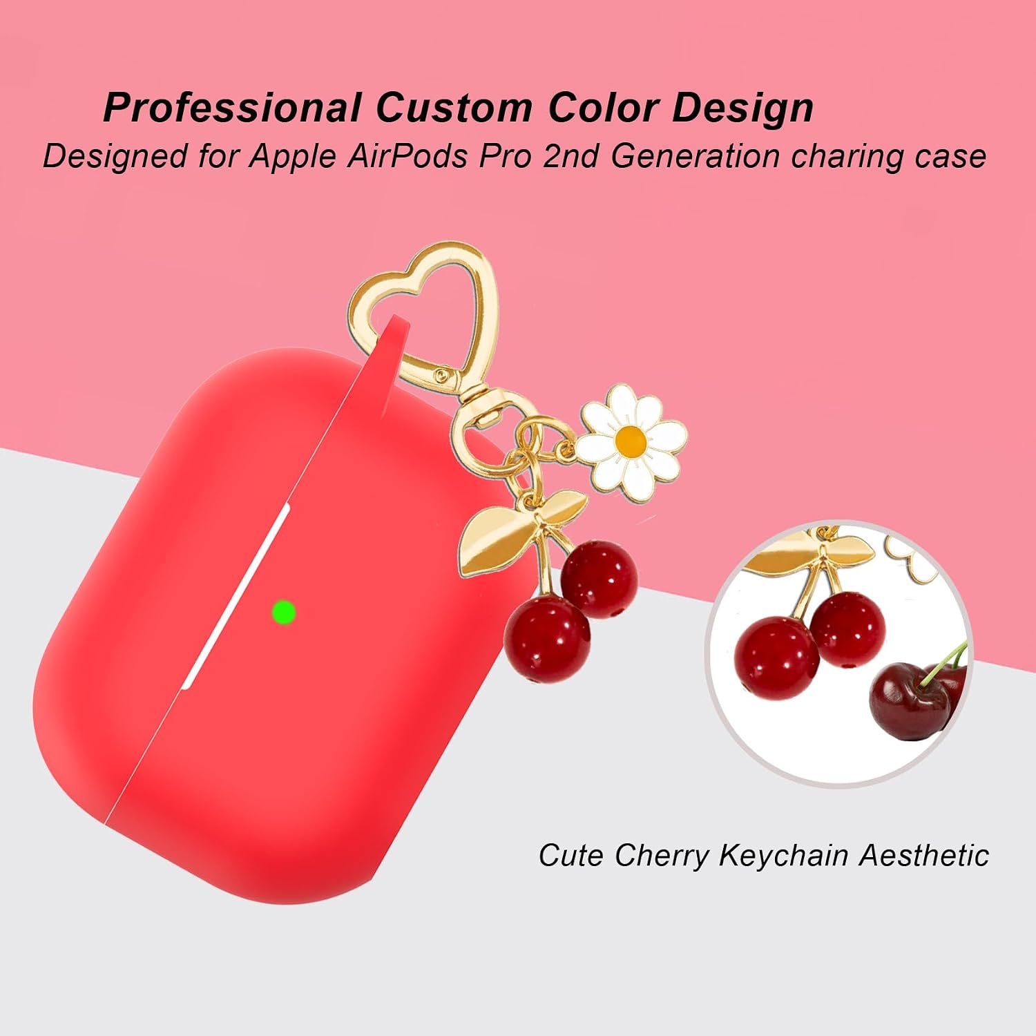 for Airpods Pro 2nd Generation Case Cover with Cute Cherry Charm Heart Keychain,Airpod Pro 2 Case Kawaii Heart Flower Daisy Key Chains for Apple Airpods Pro Gen 2 Charging Case Cover Red image 4