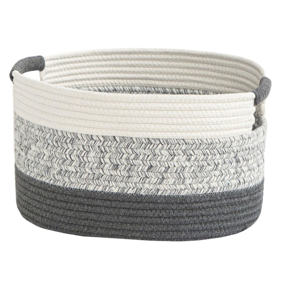 Panier de rangement tressé en corde de coton blanche et beige pour organisation domestique