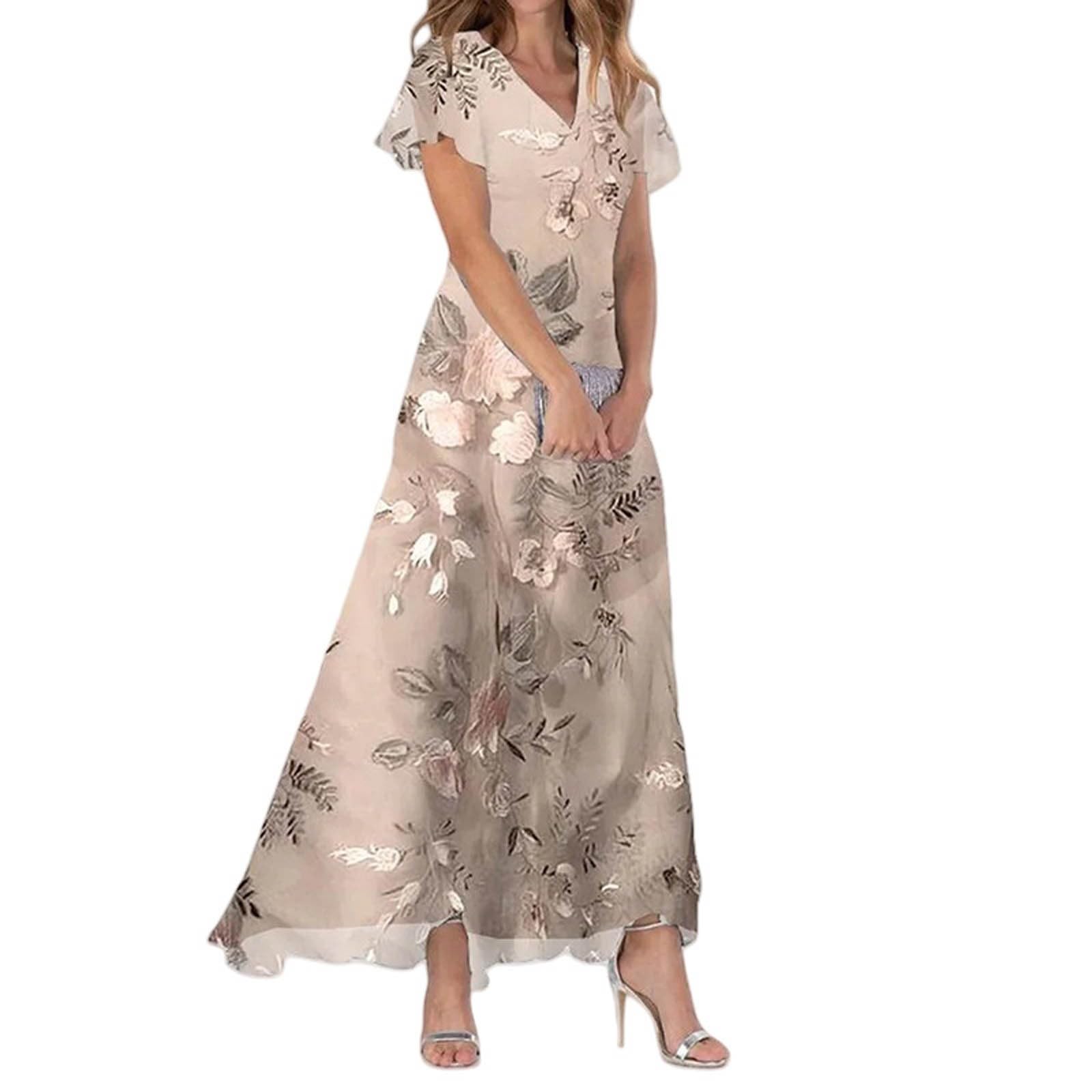 2026 Robes Femme Swing Longue Robe en Mousseline Fleurs Manches Courtes Volants Col en V Mode Taille Fluide Robe Robes