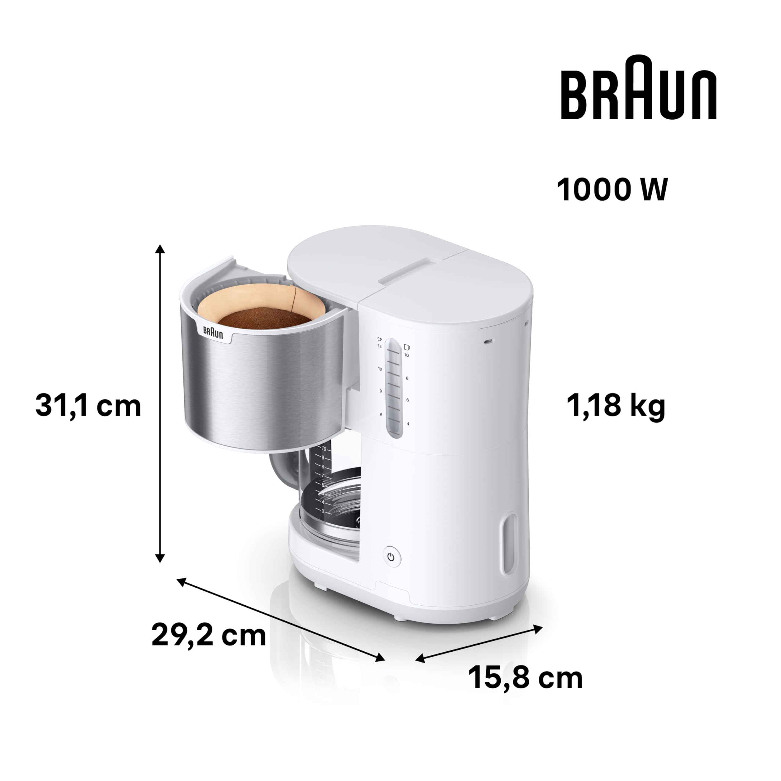 Braun PurShine KF1500WH, Cafetera de Filtro con Sistema OptiBrew, Función Anti Goteo, Apagado Automático de Seguridad, Capacidad para 10 Tazas de Aroma, 1000W, Blanco