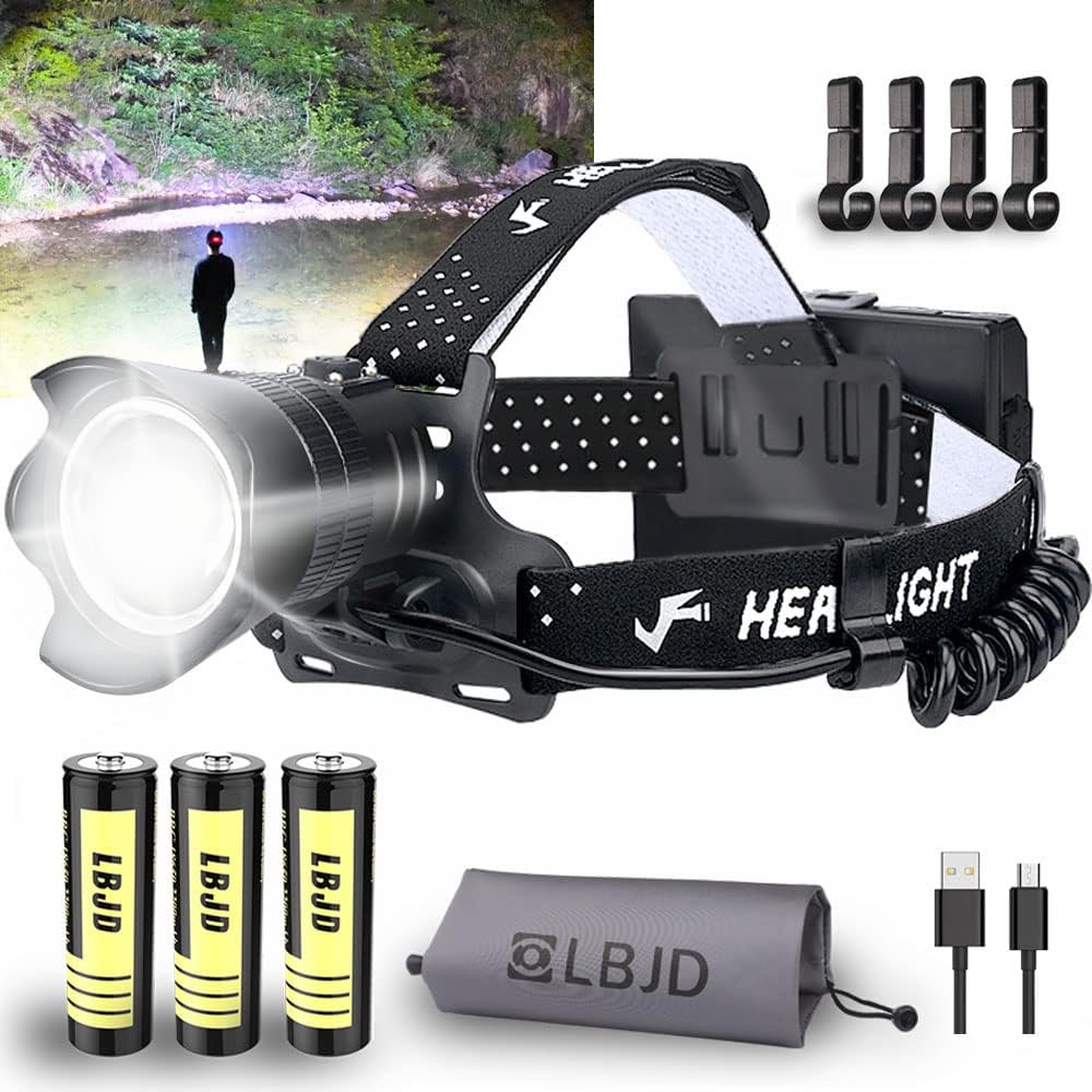XHP90 LED Hunting Headlamp, 90000 USB Rechargeable Headlamps with Red Lights, Zoomable, Super Bright, Gifts for Men, for Power Outages, Hurricane, Camping