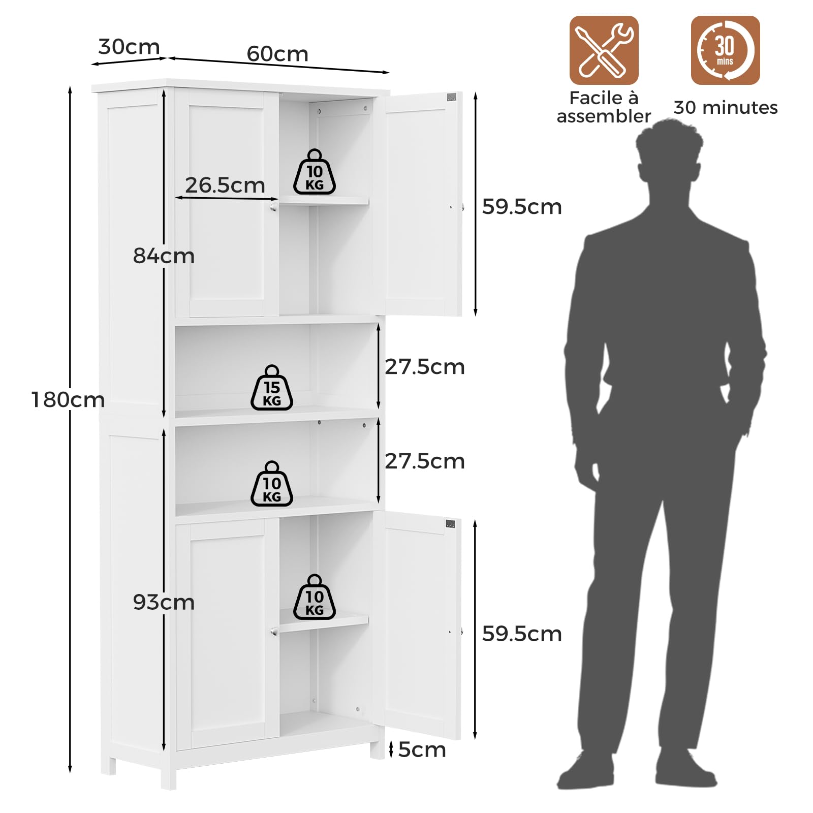 ELUCHANG Meuble Colonne de Salle de Bain, Armoire Haute Cuisine avec 2Étagères Réglables et Ouvertes, 4 Portes, Meuble de Rangement pour Salon, Cuisine, Salle de Bain, 60x30x180 cm