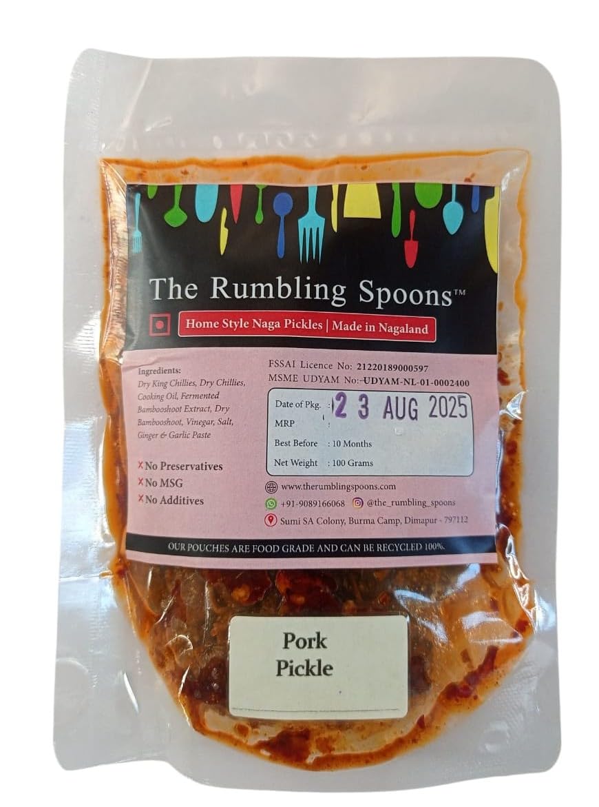 Made in NAGALAND | The Rumbling Spoons Pork Pickle | Authentic Spicy Pickle with Dry King Chilies & Bamboo Shoot | No Preservatives, MSG-Free | Home-Style Taste from Nagaland | Perfect for Rice, Curries & Snacks | 100% Natural Ingredients, 100gm