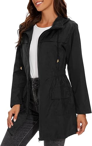 Miniatura 6 de Century Star Chaquetas de lluvia plegables impermeables para mujer con capucha, chaqueta cortavientos ligera