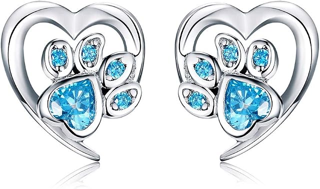 Cute Puppy Dog Cat Paw Print Stud Earrings S925 Sterling Silver Lovely Pink Crystal Clear CZ Endless Love Heart Earring Studs Hypoallergenic Jewelry Gifts for Pet Lovers Little Girls Women
