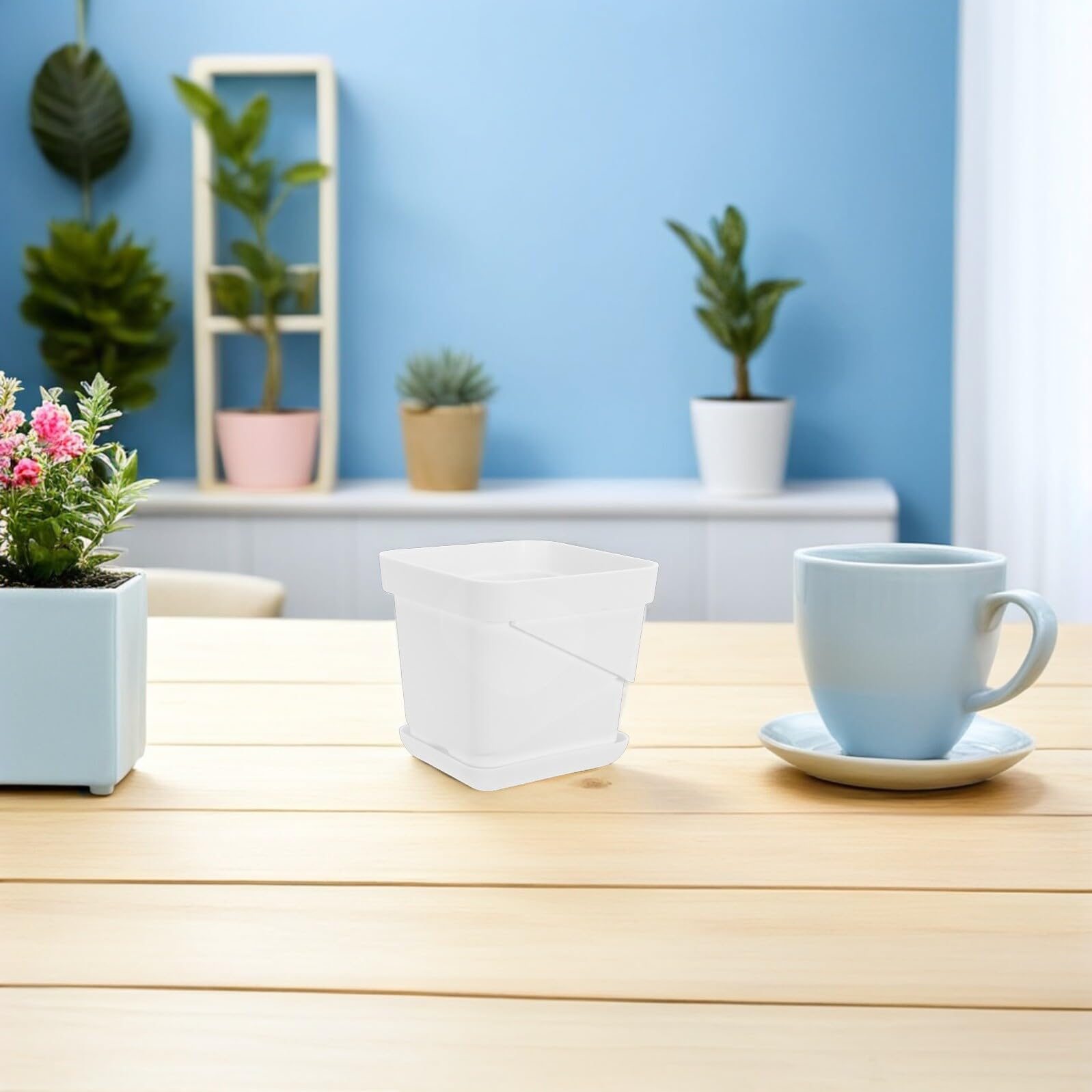 6 Szt. Szt Małych Kwadratowych Doniczek z Tworzywa z Tacą i Otworami Odpływowymi Uniwersalne Pojemniki Rośliny Do Siewek Bonsai Sukulentów i Dekoracji Domu