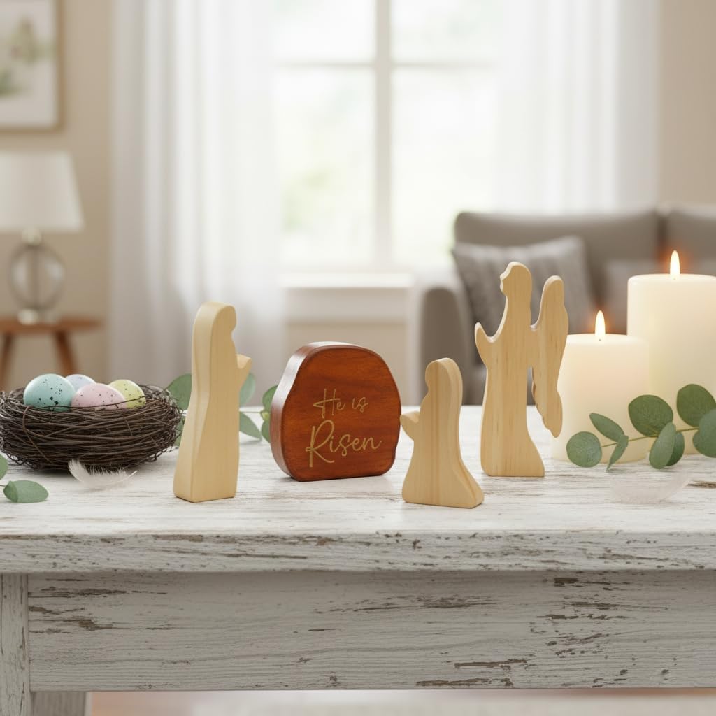 He is Risen Easter Decor – Wooden Resurrection Scene with Empty Tomb, Cross & Figurines, Christian Religious Tabletop Decoration for Home, Faith Easter Gift, Easter Basket Stuffer