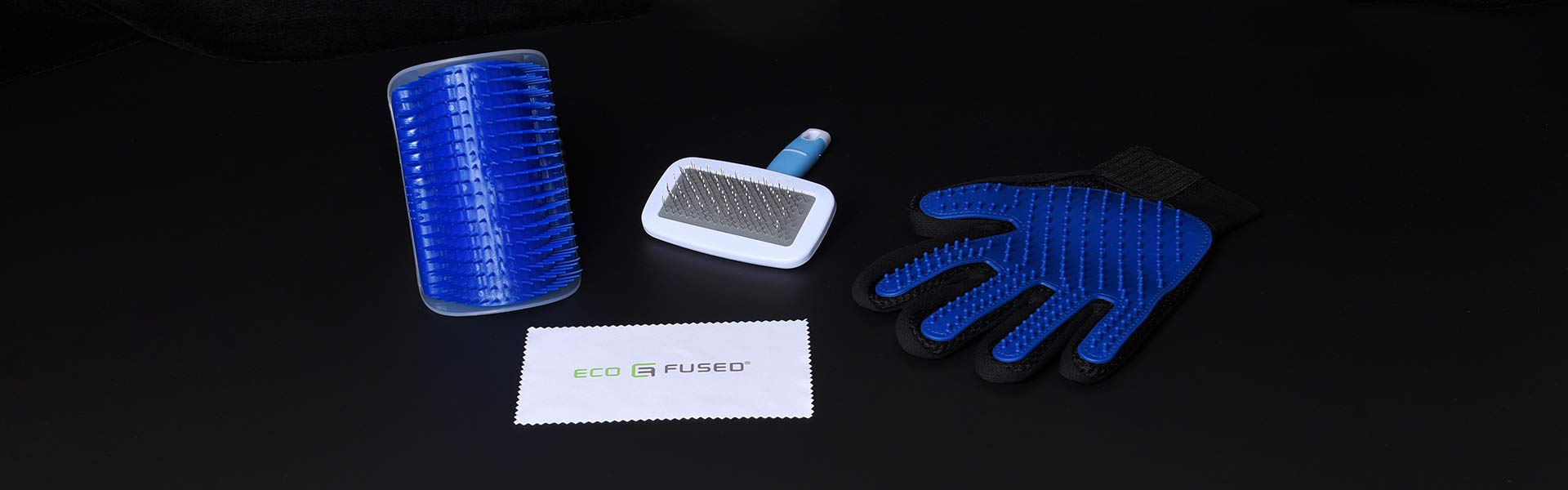 Eco-Fused Kit de brosse pour des chats – 1x Auto-toiletteur, 1x Brosse Lissante Bleue, 1x Gant de toilettage pour les animaux domestiques (main droite) - Fourrure Longue et Courte