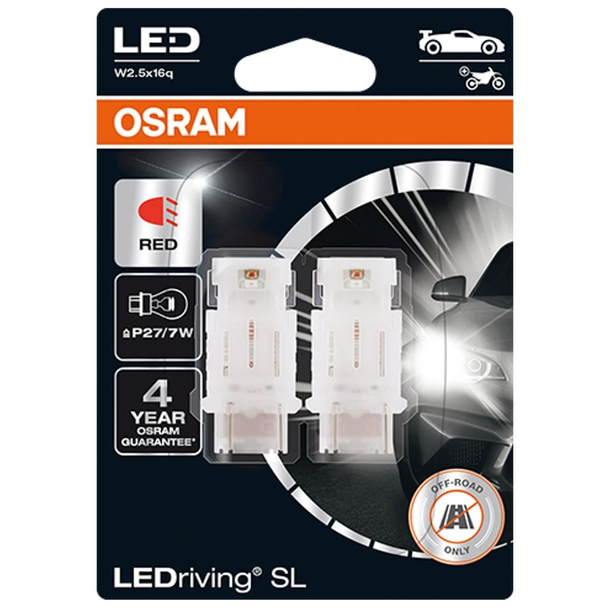OSRAM LEDriving SL, ≜ P27/7W, Signal lights, Red, LED Retrofit, off-road use only, Blister (2 lamps)