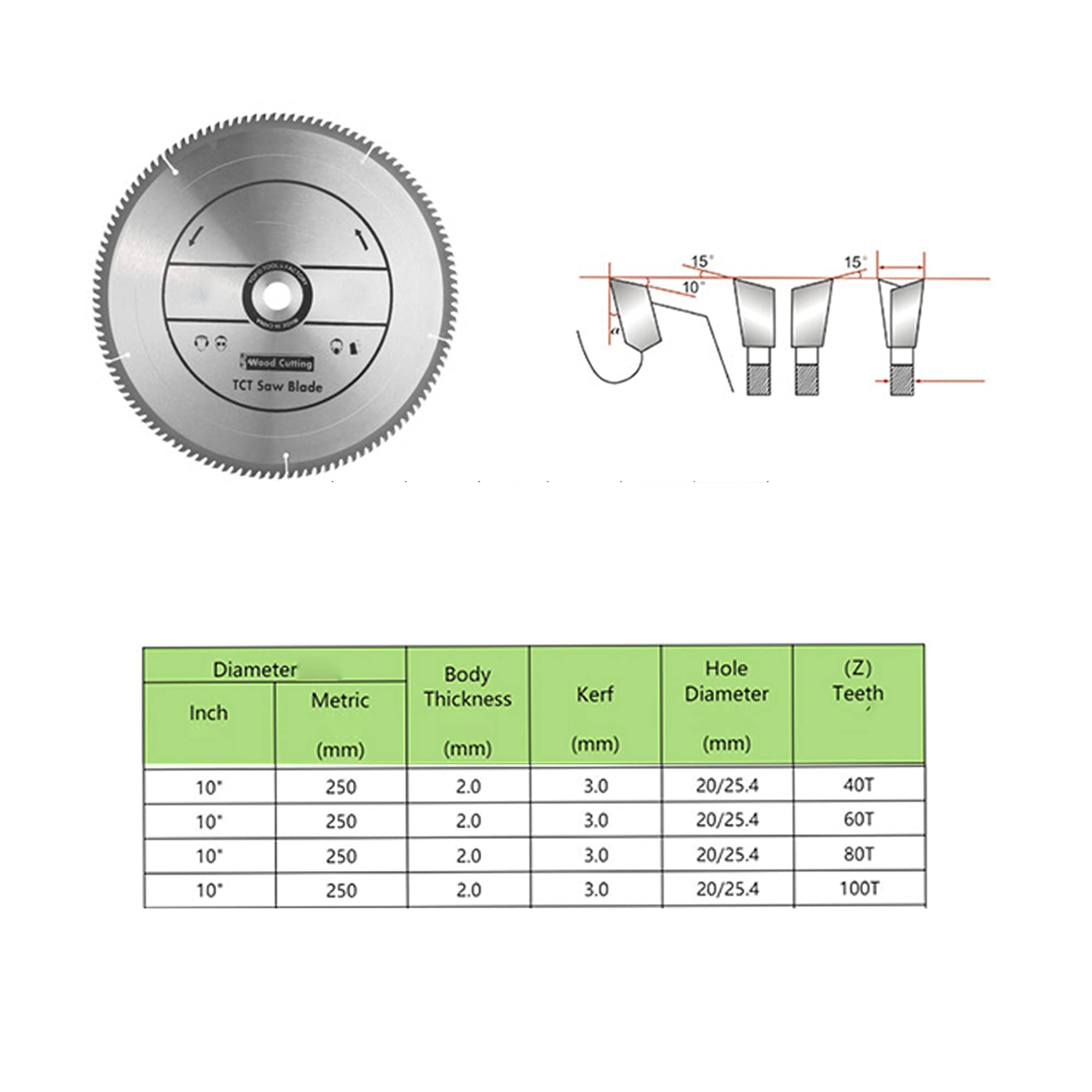 Hoja sierra circular Hoja TCT multimaterial Hojas de sierra de acero aleado 250mm * 25.4mm (20mm) * 40/60/ 80/100T Hoja sierra circular para cortes de madera metal y plástico,250 * 25.4 * 80t