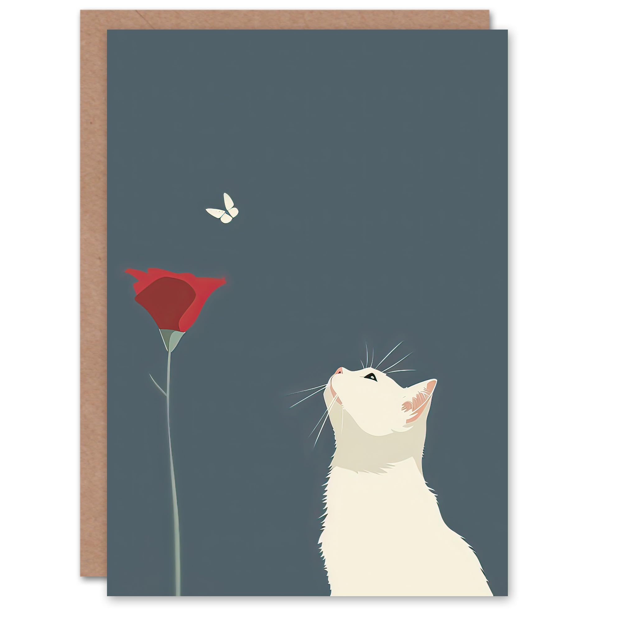 Artery8 Greeting Card Tulip Flower and Butterfly White Cat Lover Design Blank For Him Or Her Art Birthday Card