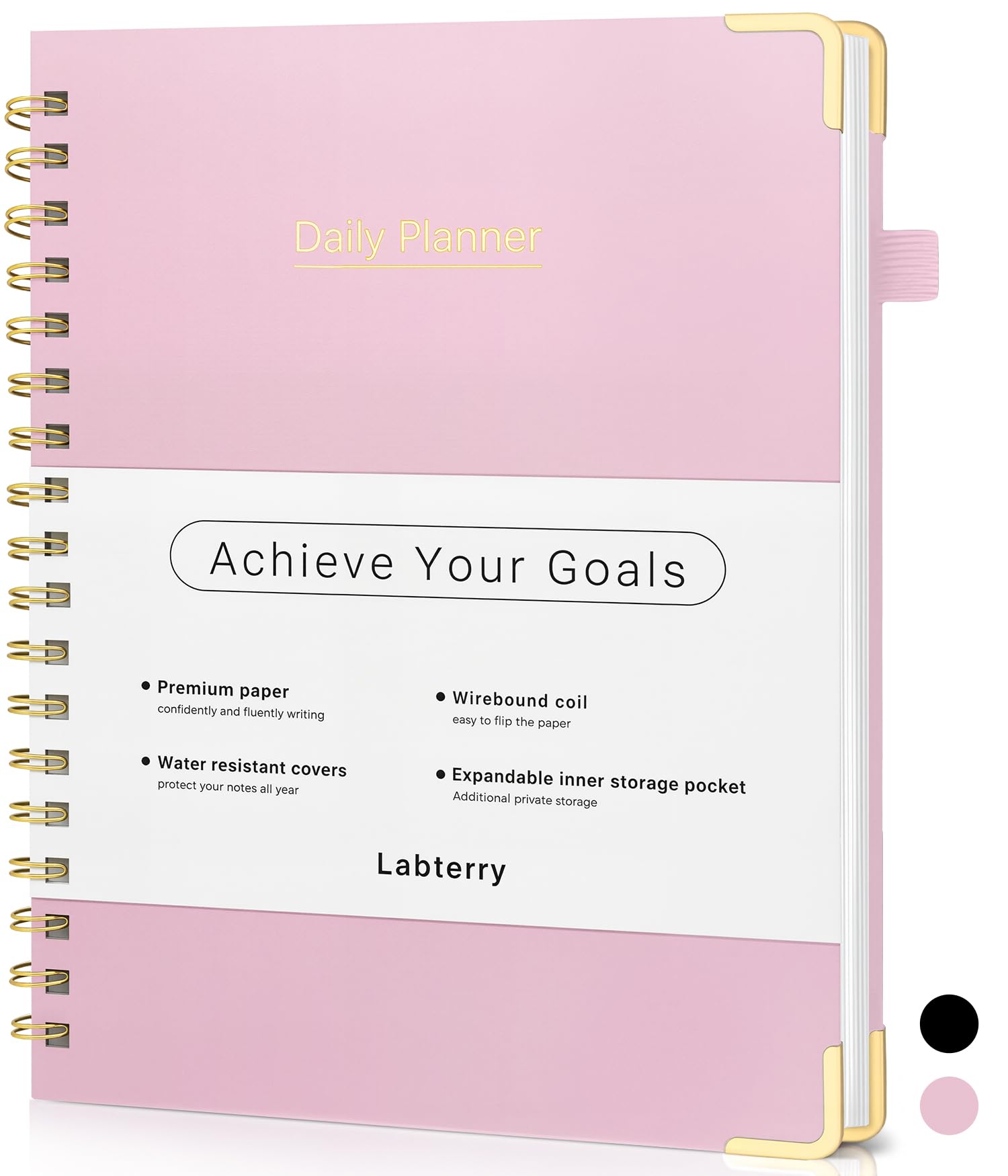 Agenda giornaliera senza data, lista delle cose da fare, con calendari orari, organizer per appuntamenti a spirale per uomo/donna, tasca, passante per penna, 130 pagine (17,8 x 25,4 cm), rosa