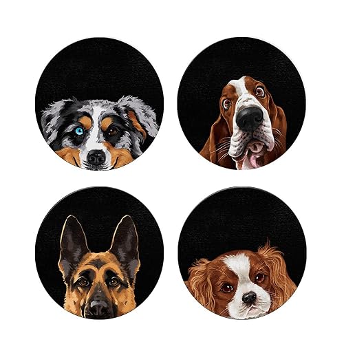 FINCIBO Set of 4 Round Metal Plate Mount for Cell Phone Magnet Holder Compatible with Magnetic Car Mount Replacement Sticker - Dog Faces On Black (Basset Hound, Charles Spaniels, German Shepherd)