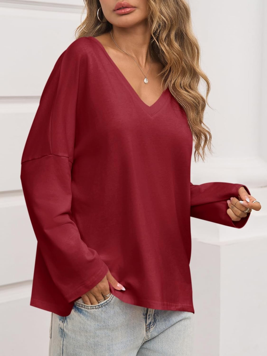 Tankaneo Womens Oversized T Shirts Casual V Neck Batwing Long Sleeve Shirts Loose Fit Tunic Tops - Image 3