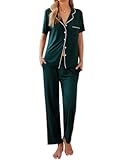 Womens Pajamas Set Plaid PJs Soft Button Down Sleepwear Short Sleeve Nightwear with Long Pants