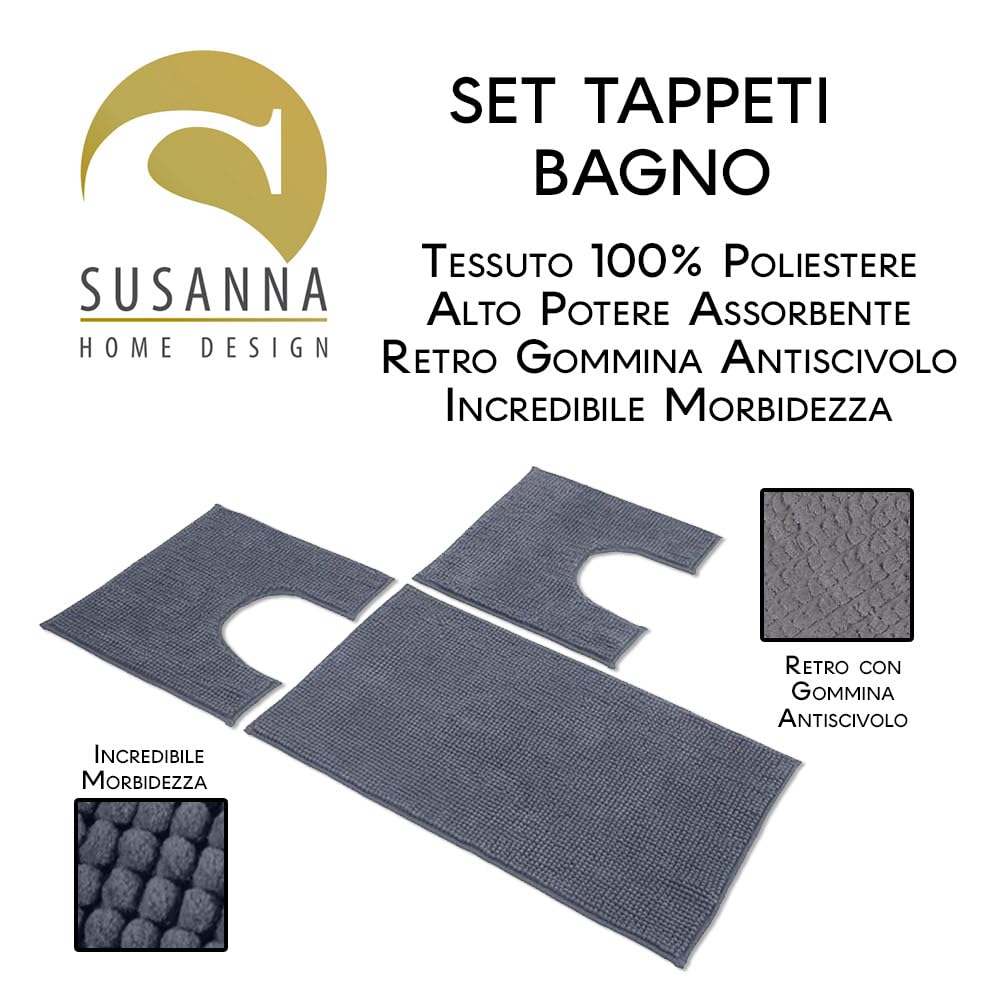 Susanna Home – Set 3 Tappeti da Bagno in Microfibra Shaggy Antiscivolo, Tappeto Rettangolare, Giro Water e Giro Bidet, Super Assorbente, Morbido e Lavabile - Disponibile in Diversi Colori (STONE)
