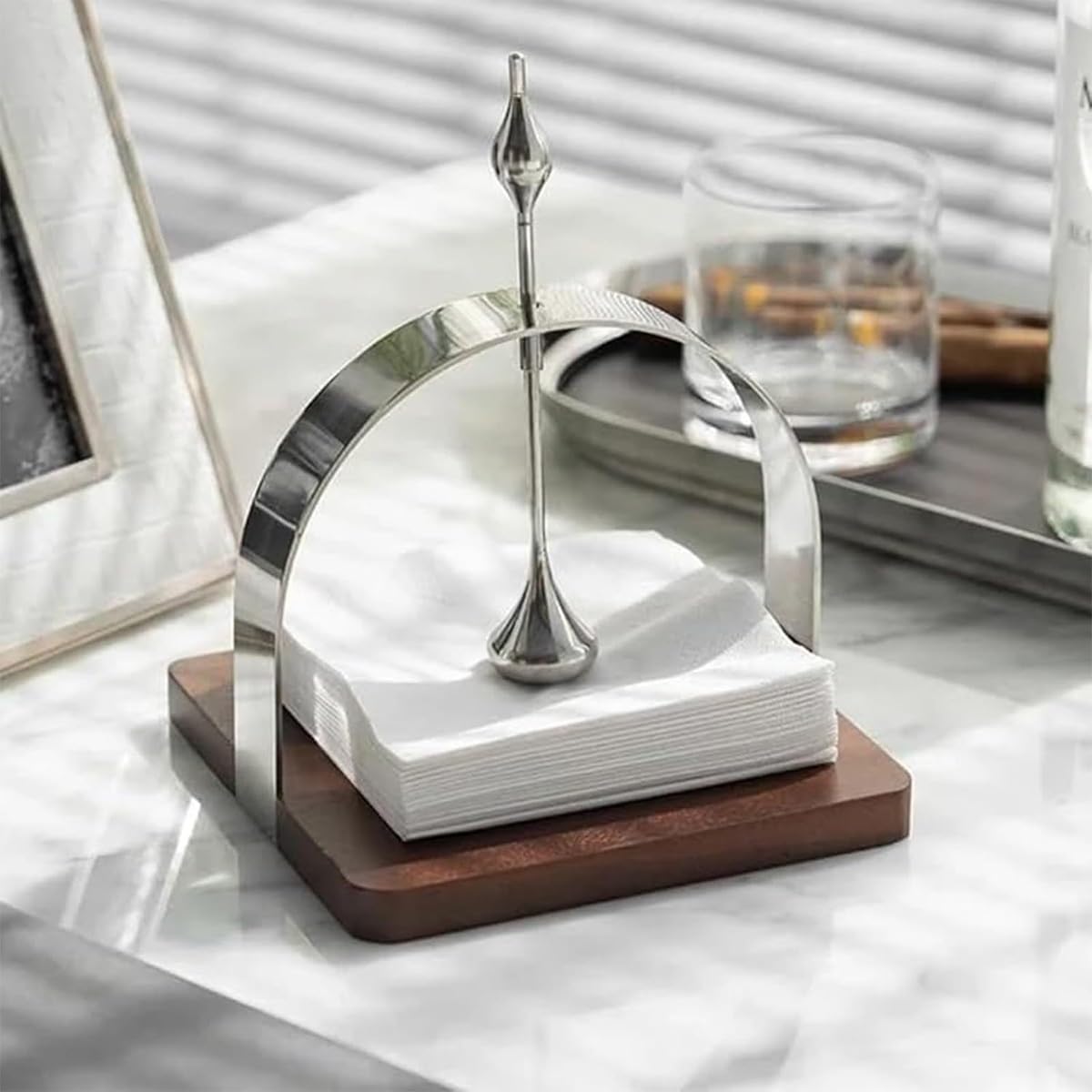 Estante para papel de seda, dispensador vertical y plano de acero inoxidable con base de madera de nogal para restaurantes, cafeterías o encimeras de comedor en casa