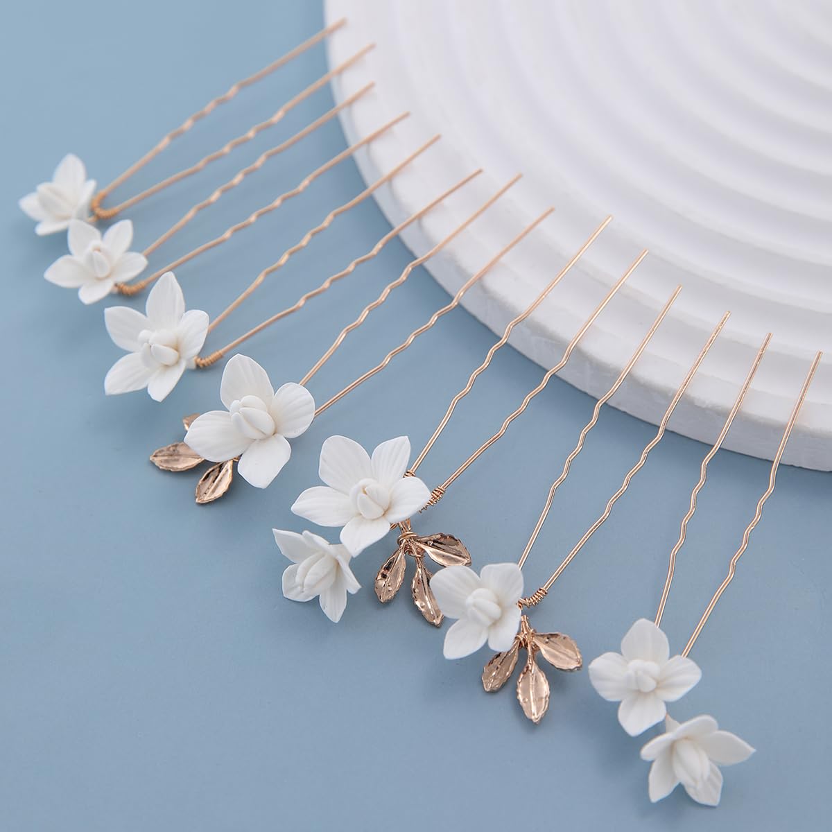 Handmade White 3D Pinch Flower Wedding Hair Pins CZ Pearls White Ceramic Flower Hairpin, Large Crystal Wedding Floral  main image 4