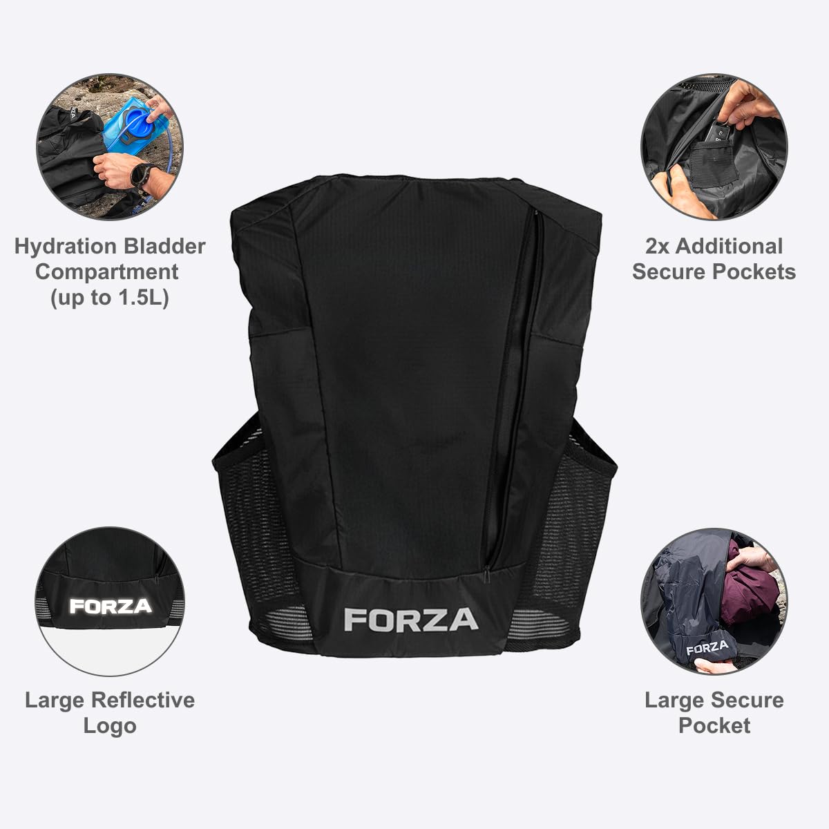 FORZA Gilet de course [3 tailles] | Gilet d'hydratation léger unisexe avec poches avant, ajustement réglable et bordure réfléchissante – Idéal pour le jogging, la marche et la course à pied