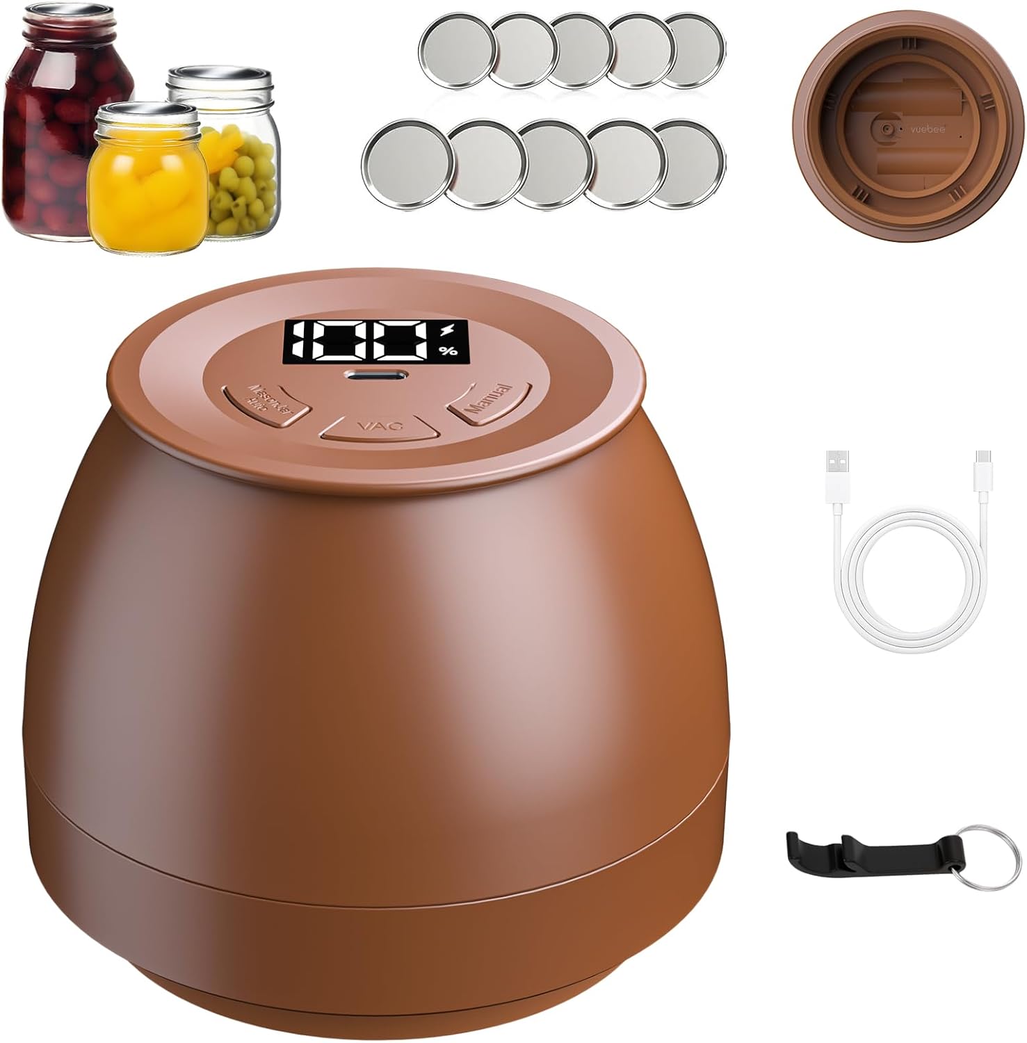 Electric Mason Jar Vacuum Sealer for Regular, Wide Mouth Jars, Brown