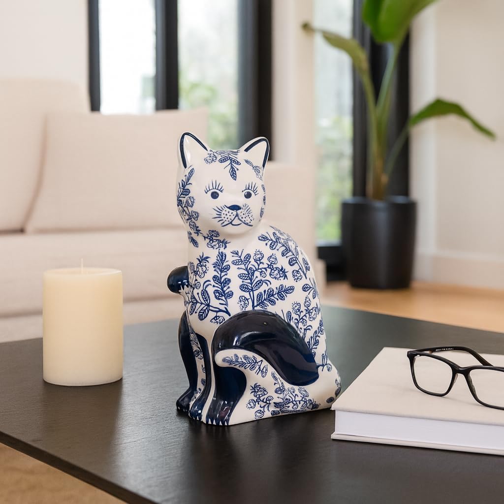 Ceramic Chinoiserie Cat Sculpture for Home Decor - Chic Ornaments for Bathroom, Office, Room and Living Room Display Styling - Sculptural Figurine for Shelf or Coffee Table Decor - 8", Blue & White