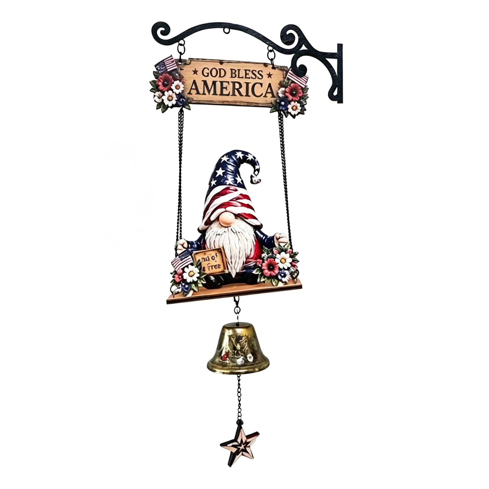 EcoGleam Gnome Garden Decor Windchime Retro Decorative Doorbell Handmade Bee Sunflower Gnome Farmhouse Welcome Doorbell for Porch Home Office Garden Entryway (Flag Gnome)