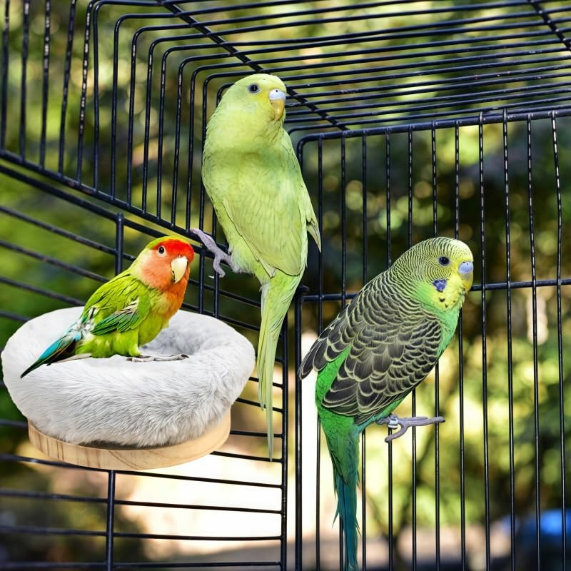 Image of 2Pcs Bird Perch Stand Platform Plush Parrot Hanging Hammock Warm Bird Nest Snuggle Hut Birds Sleeping Bed Wood Perch for Parrot, Budgies, Parakeet, Cockatiels, Conure, Lovebirds-Purple&Grey