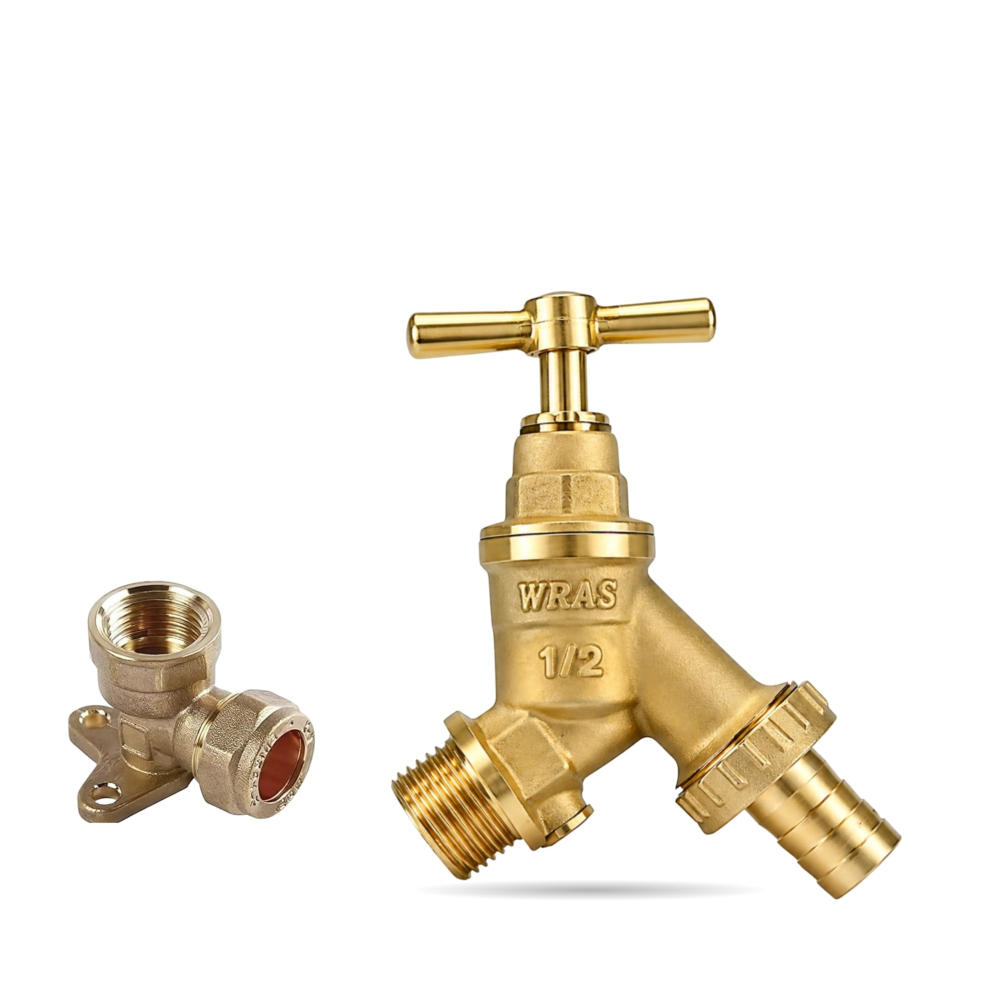 Shiv Brass Outdoor Garden Tap With 1/2 Inch Doble Check Valve | Heavy Duty Outdoor Bib Tap With Hose Connector | Wras Approved. (Double Check Tap + Compression Wallplate Elbow)