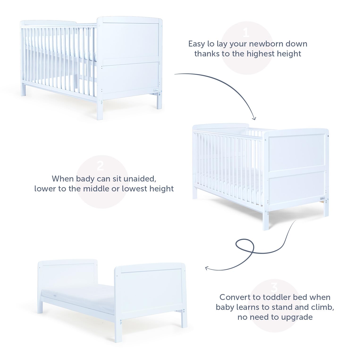 Baby Elegance White Travis Cot Bed with 3-in-1 Adjustable Height