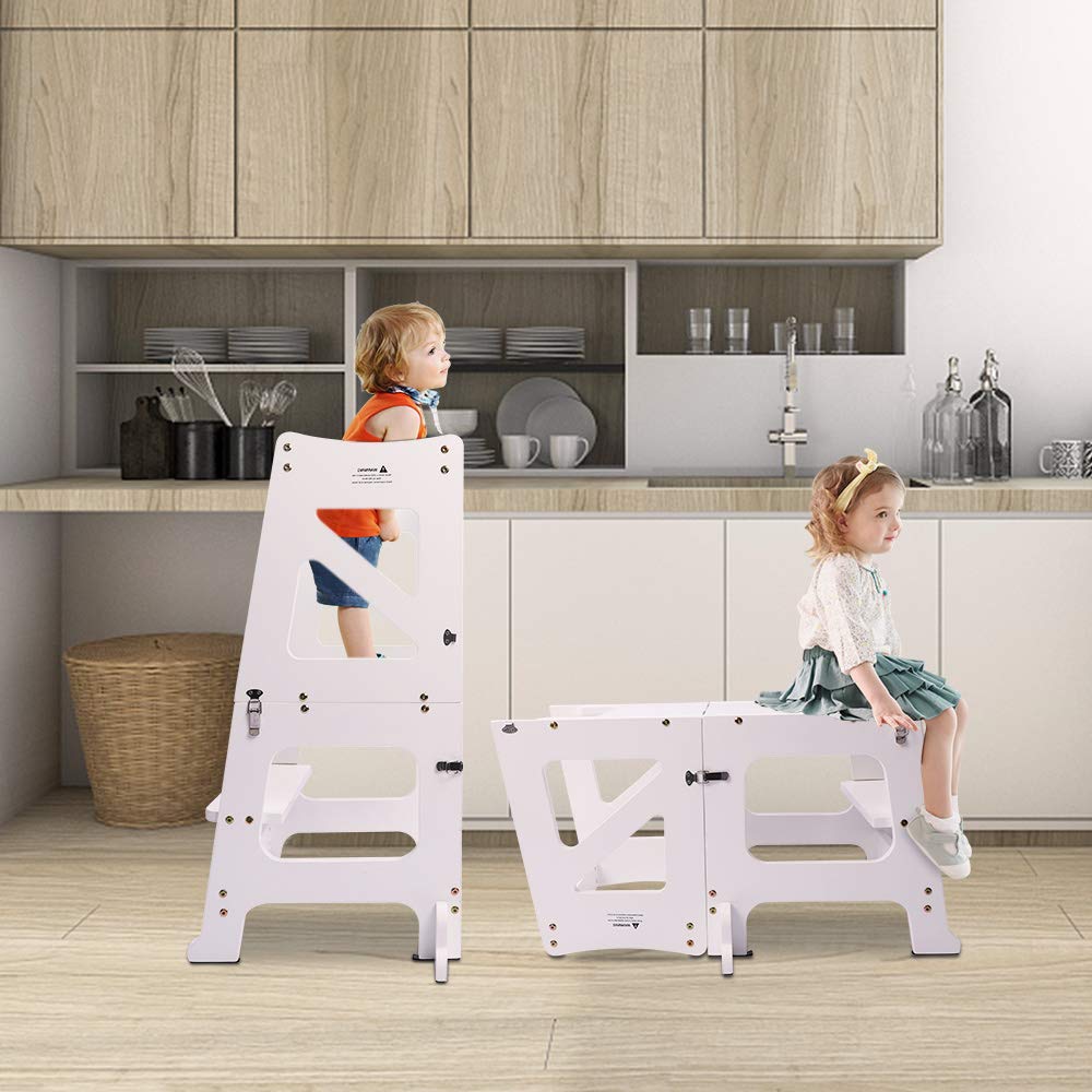 YOLEO Torre Montessoriana Bambini 3 in 1 Pieghevole Multifunzionale Learning Tower con Lavagna Magnetica Bifacciale Bianco