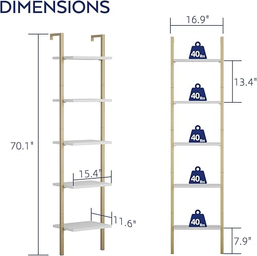 Miniatura 3 de NUMENN Estantería industrial con escalera de 5 niveles, estantería de montaje en pared de espacio abierto con marco de metal, estantes resistentes
