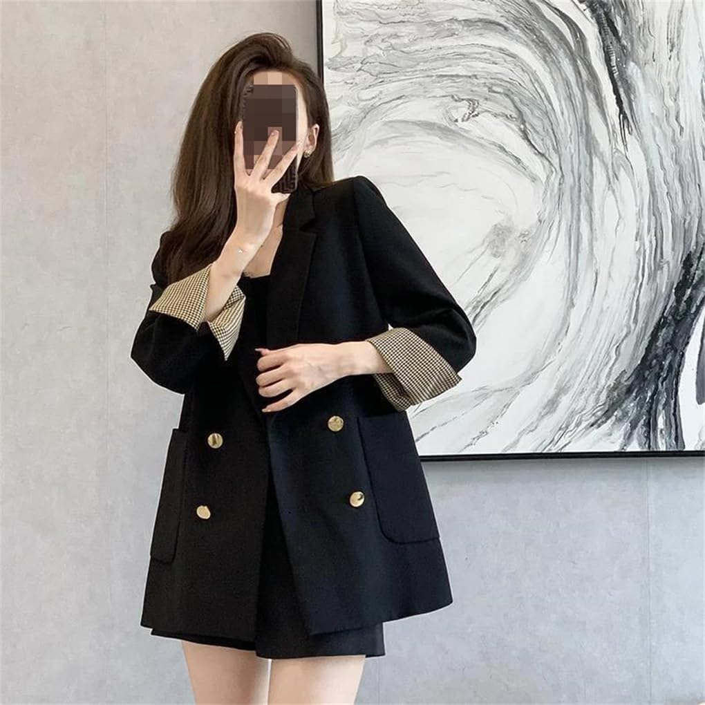 Women Black Turn-Down Collar Blazer, Double Breasted Loose Office Lady Casual Outerwear