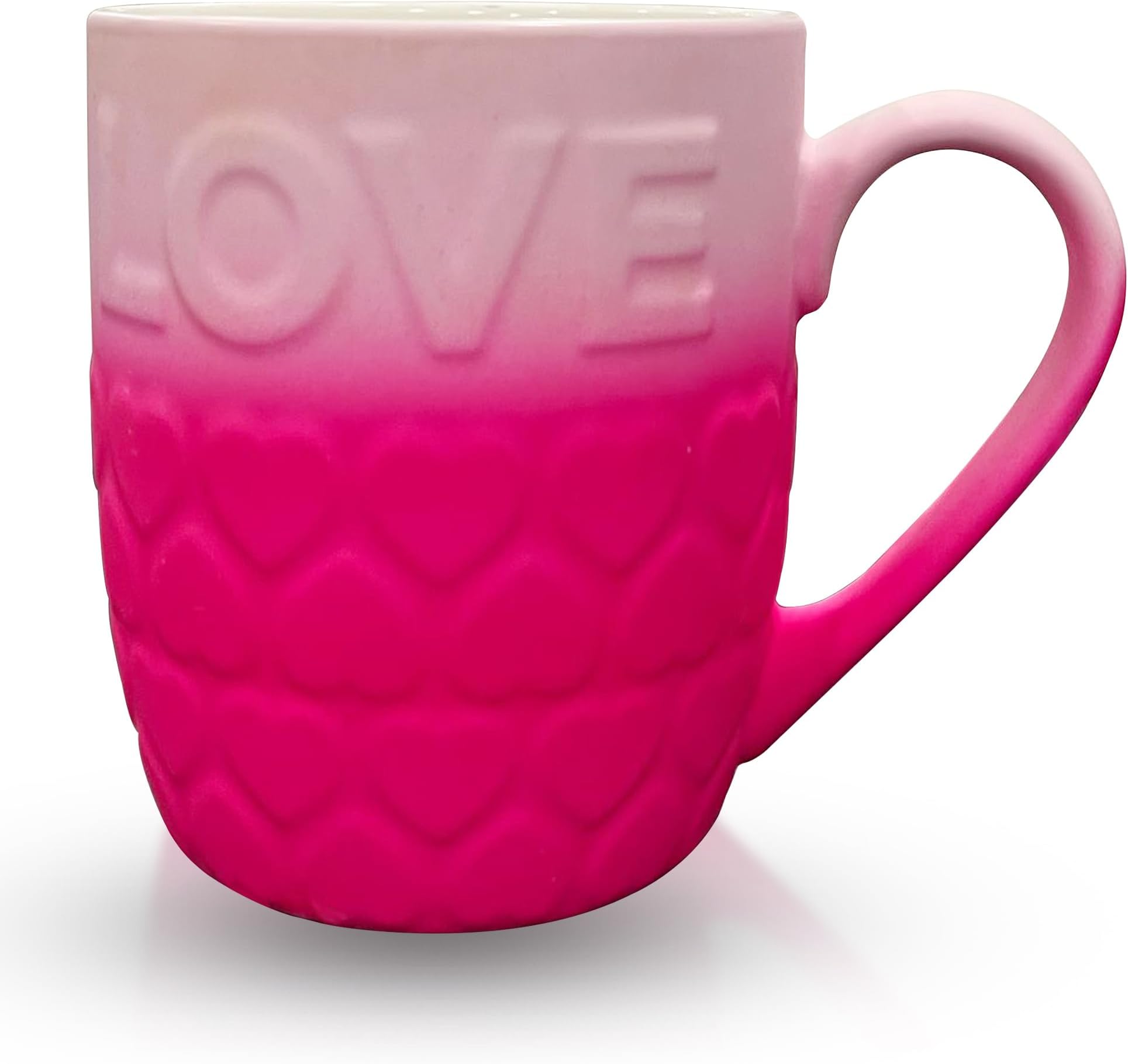 Soft Touch Love 18 Oz Ceramic Coffee Cup - Love Tea Cup with Hearts for Home, Office, or Valentine's Day (Pink)
