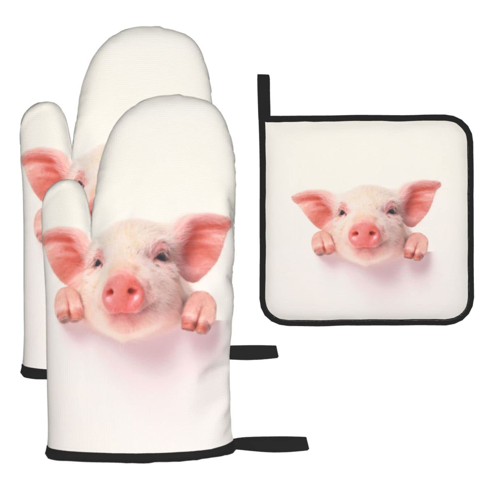 Cute Pig Oven Mitts and Pot Holder Kitchen Set for Grilling, Cooking, Baking, Heat Resistant