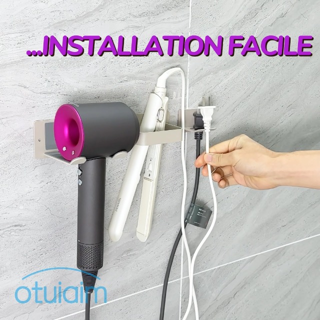 Support Mural Pour Sèche-cheveux Et Lisseur Avec Rangement Câble - Métal Gris - Pour Salle De Bain