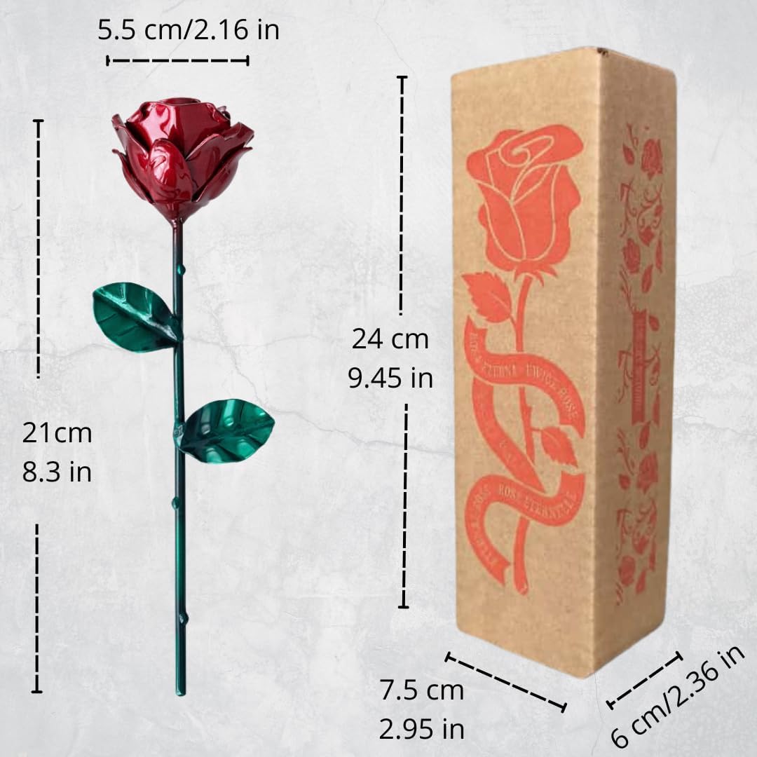 Forging Art Bcn® Rosa Eterna de Hierro Forjada a Mano - Regalo Día de la Madre, San Valentín, Bodas de Hierro (6 Aniversario) (Roja/Verde sin Base)