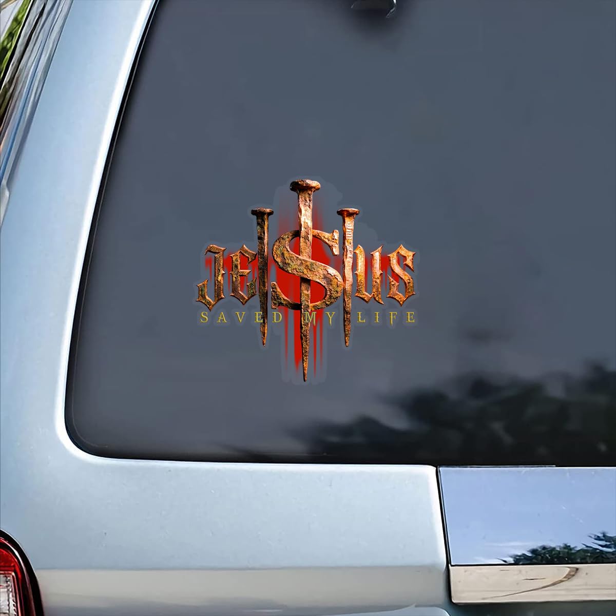 Naklejka samochodowa premium Jezus Saved My Life – Christian Cross Nail Vinyl Naklejka na okno, wiara religijna, Jezus, naklejka na samochód ciężarowy, SUV, laptop, okna, wodoszczelna, 15 x 15 cm