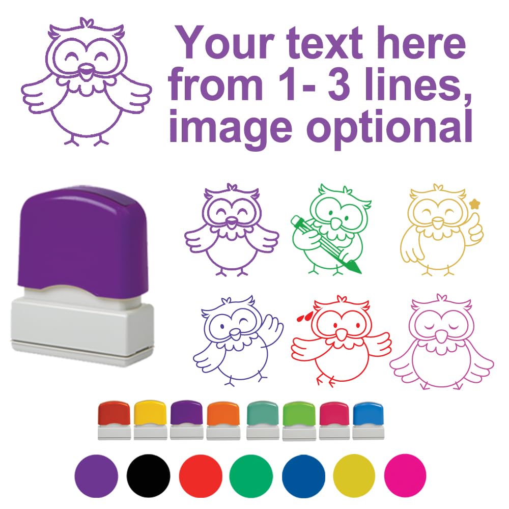 Classroom Capers Cute Owl Designs Teacher Custom Stamp. 6 Ink Colours & Images. Self-Inking, Reinkable 39X10mm (1)